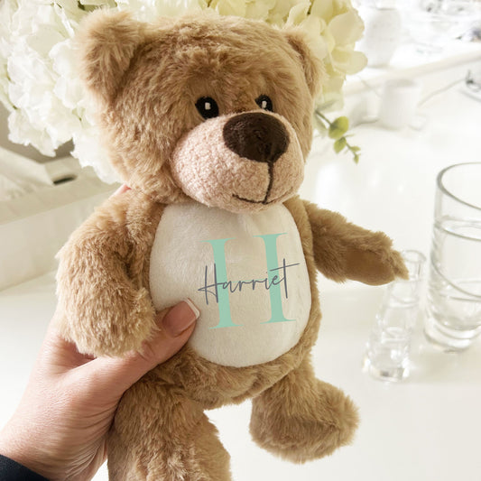 Name & Initial Brown Bear - Green, Pink, Blue, Neutral