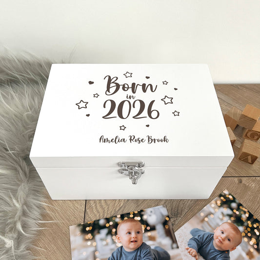Personalised Born In 2026 Stars Engraved White New Baby Keepsake Box - 3 Sizes