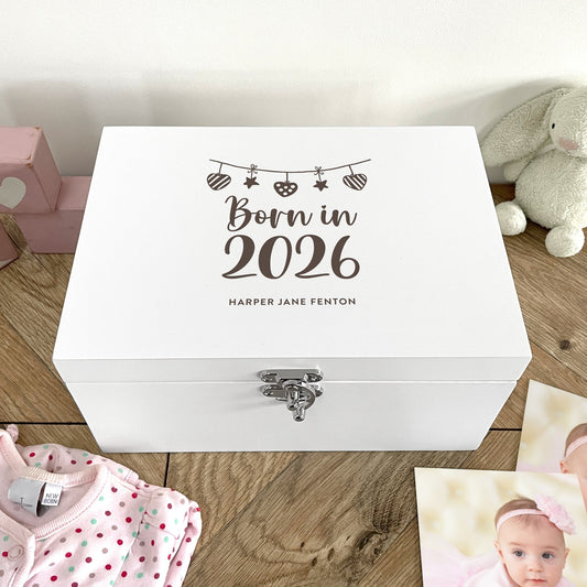 Personalised Born In 2026 Garland Engraved White New Baby Keepsake Box - 3 Sizes