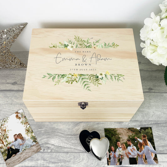 Personalised Wooden Green & Yellow Floral Wedding Keepsake Memory Box - 5 Sizes (16cm | 20cm | 26cm | 30cm | 36cm)