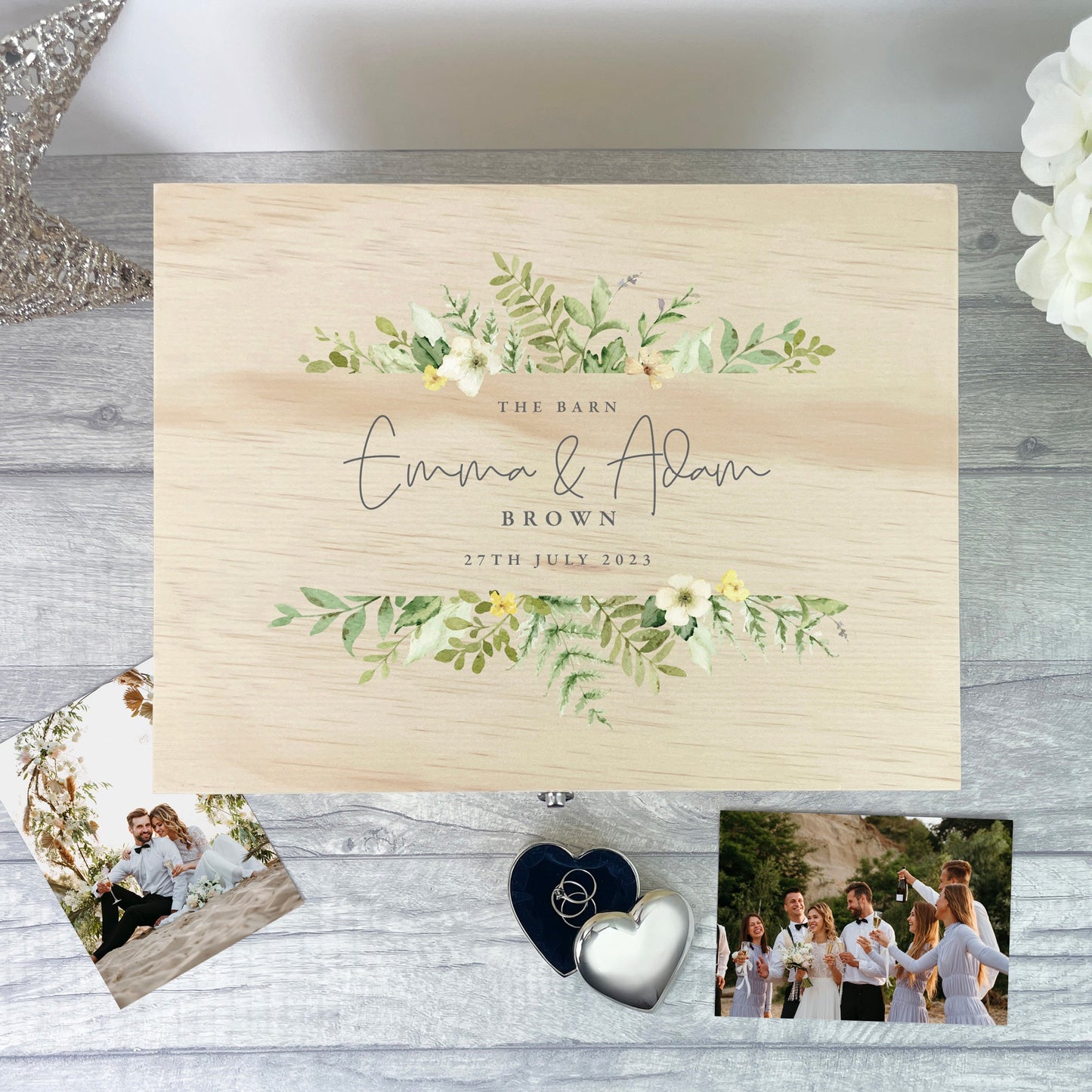 Personalised Wooden Green & Yellow Floral Wedding Keepsake Memory Box - 5 Sizes (16cm | 20cm | 26cm | 30cm | 36cm)