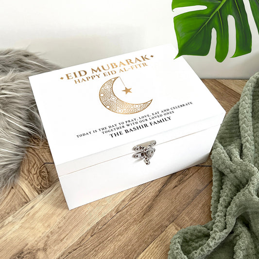 Personalised Eid al-Fitr Crescent White Memory Box - 3 Sizes (22cm | 27cm | 30cm)