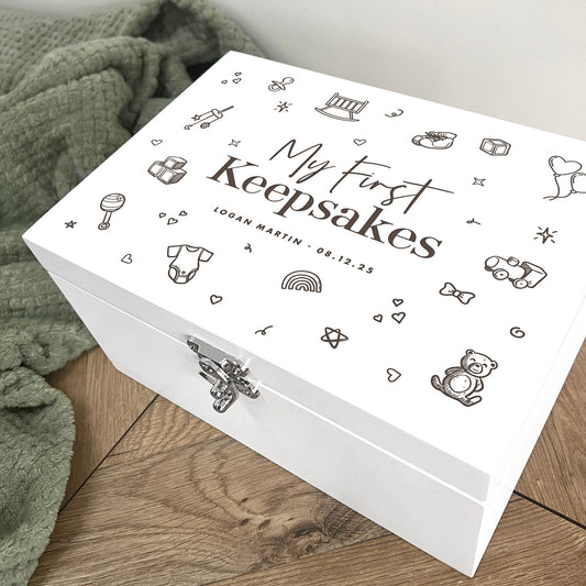 Personalised My First Keepsakes Engraved White New Baby Keepsake Box - 3 Sizes