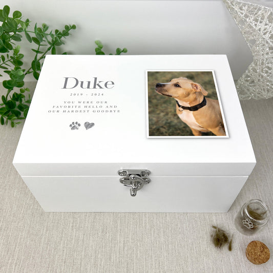 Personalised Sketch Pet Photo White Wooden Memorial Keepsake Box - 3 Sizes