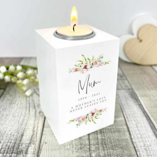 Personalised Any Message Pink Floral White Wooden Tea Light Holder