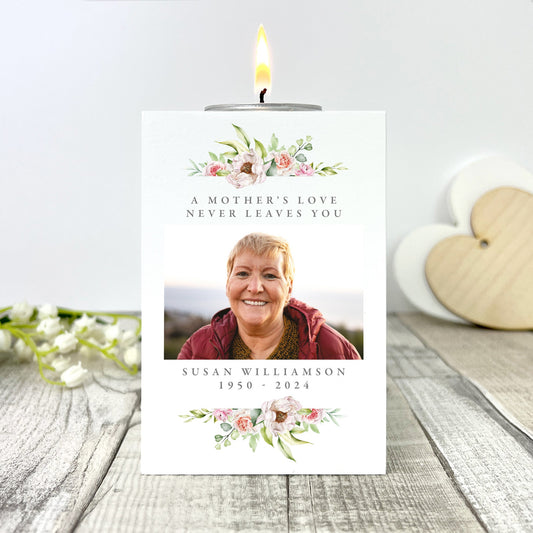 Personalised Any Message Floral White Wooden Photo Tea Light Holder