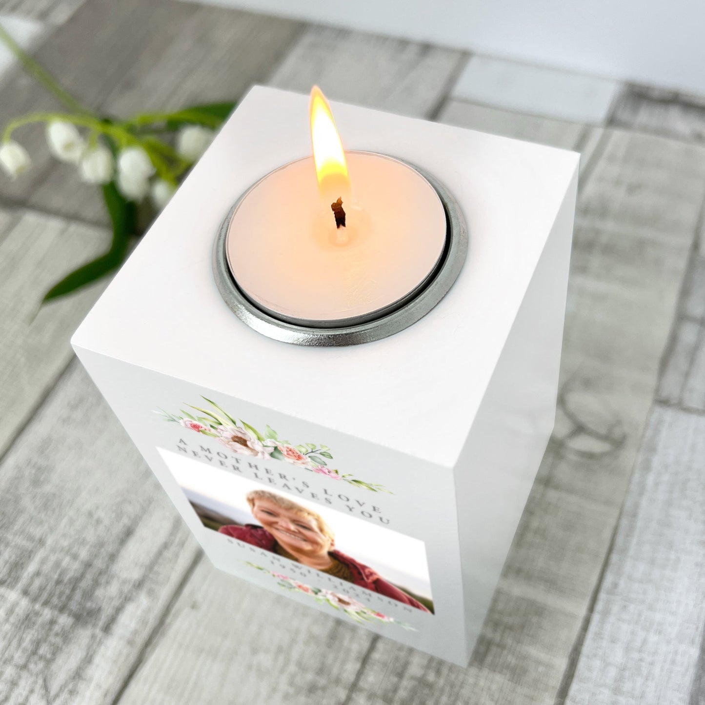 Personalised Any Message Floral White Wooden Photo Tea Light Holder