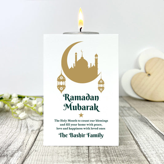 Personalised Ramadan Mubarak Crescent & Lanterns White Tea Light Holder