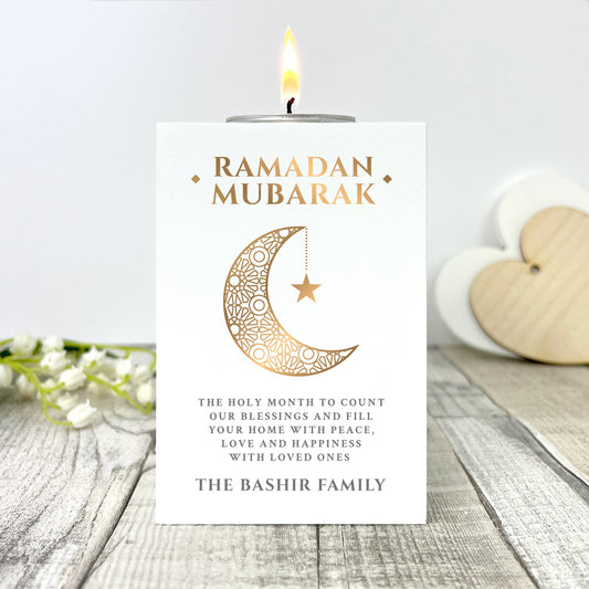 Personalised Ramadan Mubarak Crescent White Tea Light Holder