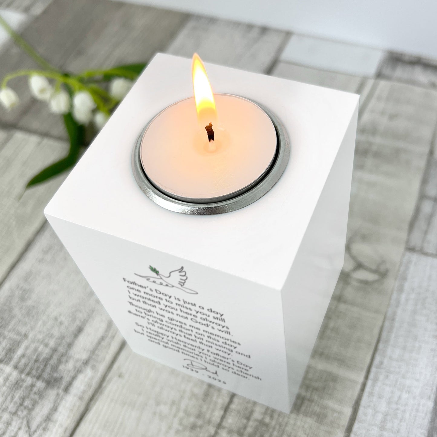 Personalised Happy Heavenly Father's Day White Tea Light Holder