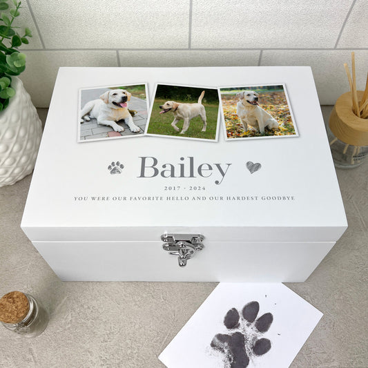 Personalised Three Photo Pet Memorial White Wooden Keepsake Box - 3 Sizes