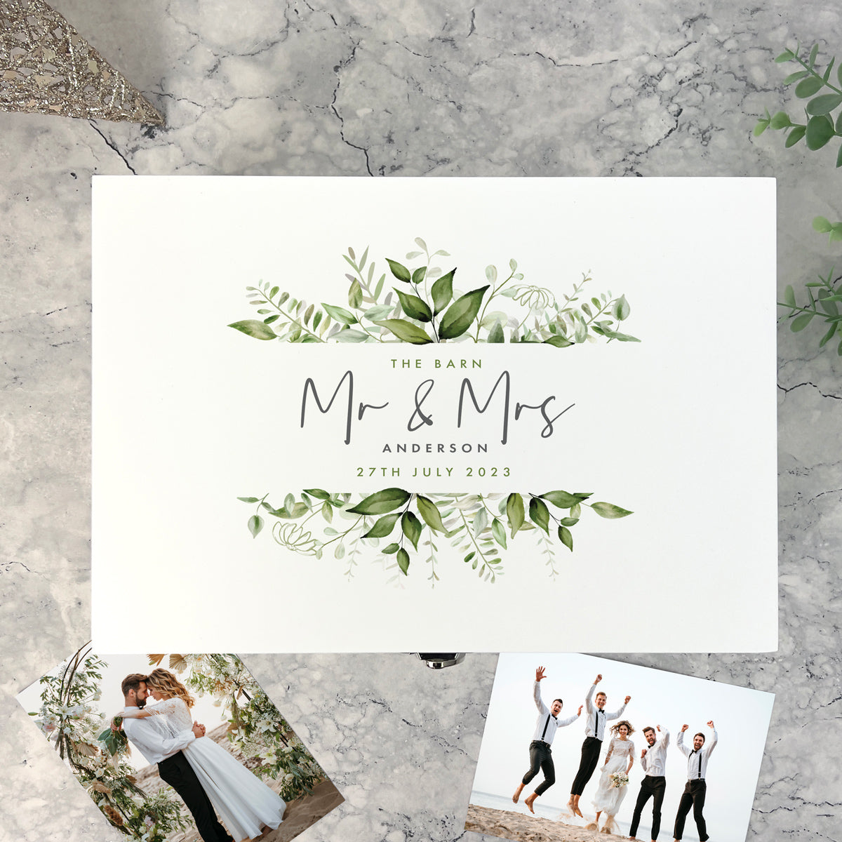 Personalised Botanical Wedding White Wooden Keepsake Memory Box - 3 Sizes (22cm | 27cm | 30cm)
