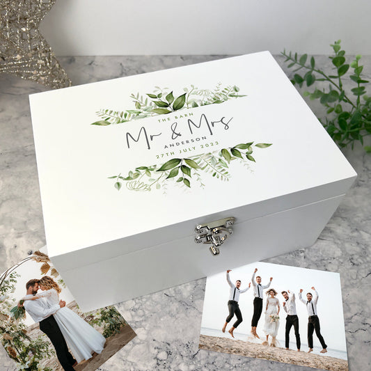 Personalised Botanical Wedding White Wooden Keepsake Memory Box - 3 Sizes (22cm | 27cm | 30cm)