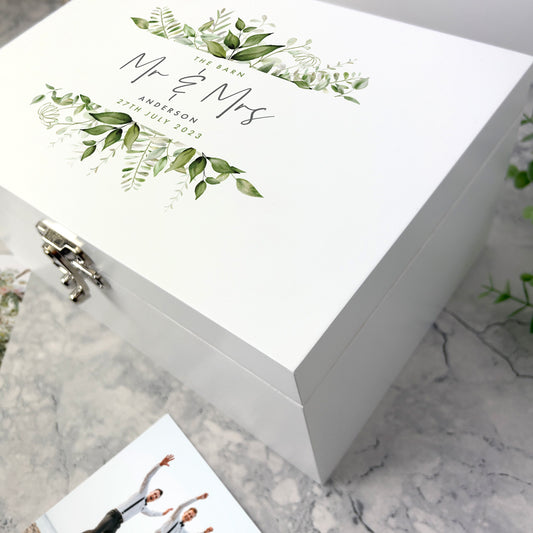 Personalised Botanical Wedding White Wooden Keepsake Memory Box - 3 Sizes (22cm | 27cm | 30cm)