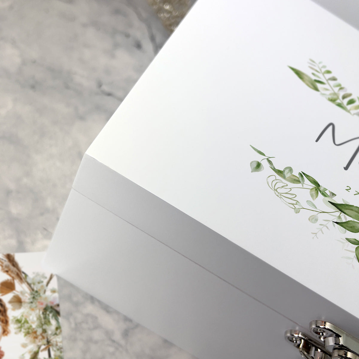 Personalised Botanical Wedding White Wooden Keepsake Memory Box - 3 Sizes (22cm | 27cm | 30cm)