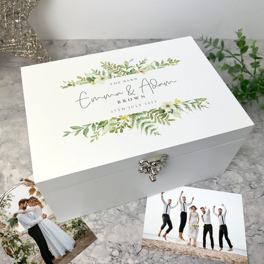 Personalised Yellow & Green Floral Wedding White Wooden Keepsake Memory Box - 3 Sizes (22cm | 27cm | 30cm)