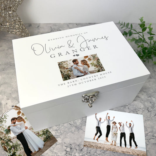 Personalised Wedding Photo Keepsake White Wooden Memory Box - 3 Sizes (22cm | 27cm | 30cm)