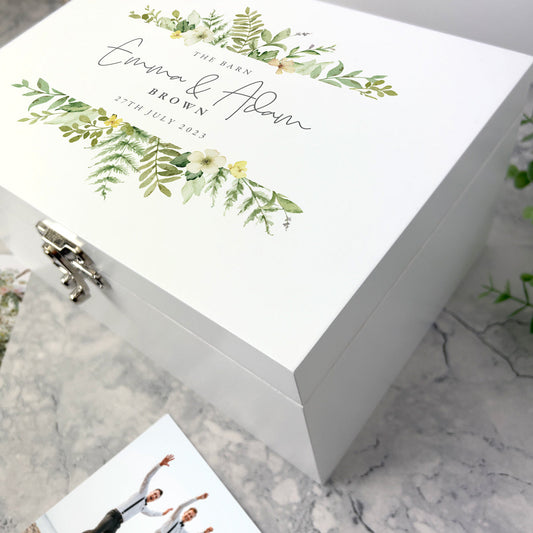 Personalised Yellow & Green Floral Wedding White Wooden Keepsake Memory Box - 3 Sizes (22cm | 27cm | 30cm)