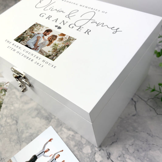 Personalised Wedding Photo Keepsake White Wooden Memory Box - 3 Sizes (22cm | 27cm | 30cm)