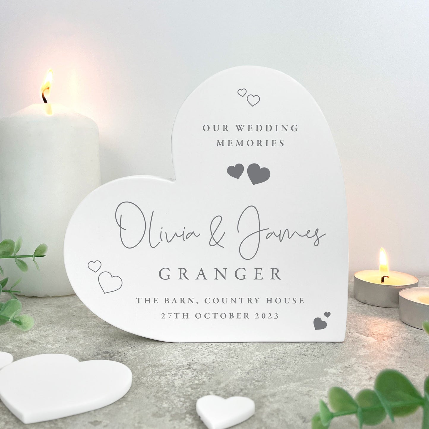Personalised Wedding Script Text White Freestanding Heart