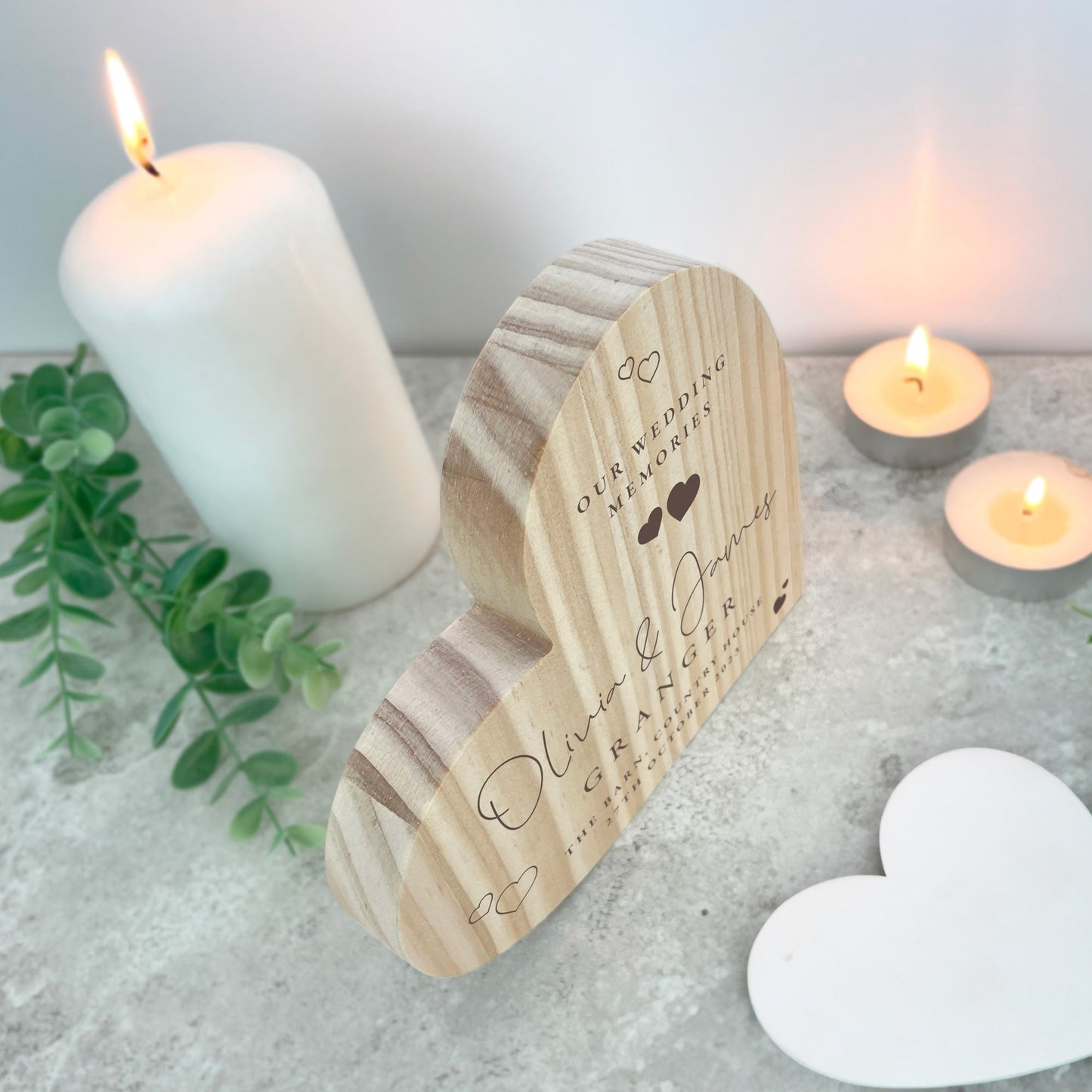 Personalised Wedding Script Text Wooden Freestanding Heart