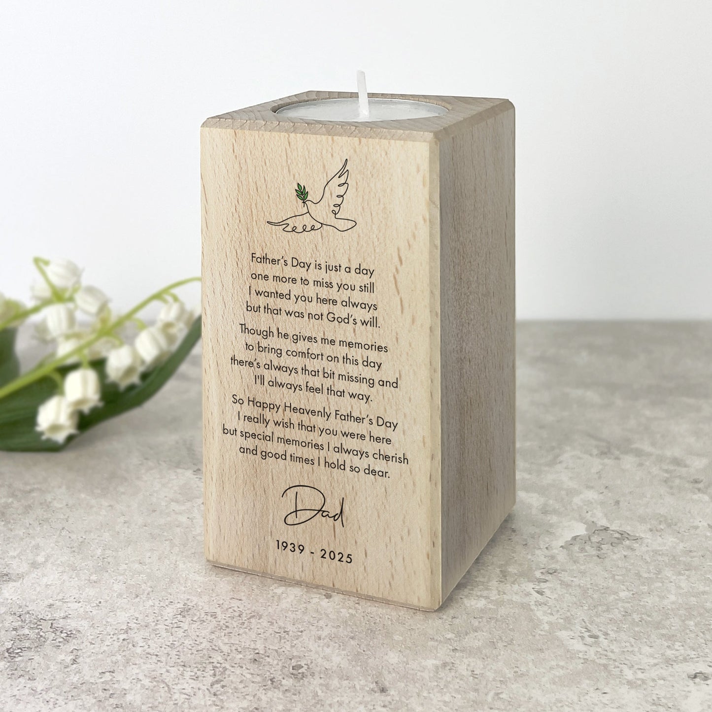 Personalised Happy Heavenly Father's Day Wooden Tea Light Holder - 2 Sizes