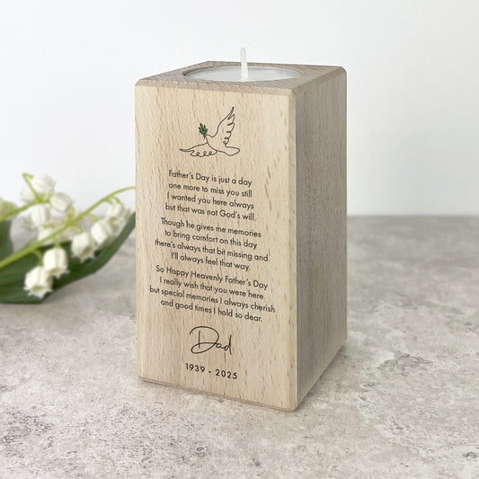 Personalised Happy Heavenly Father's Day Wooden Tea Light Holder - 2 Sizes