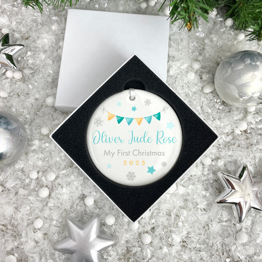 My First Christmas Baby Boy Garland Ceramic Disc Hanging Decoration + Gift Box