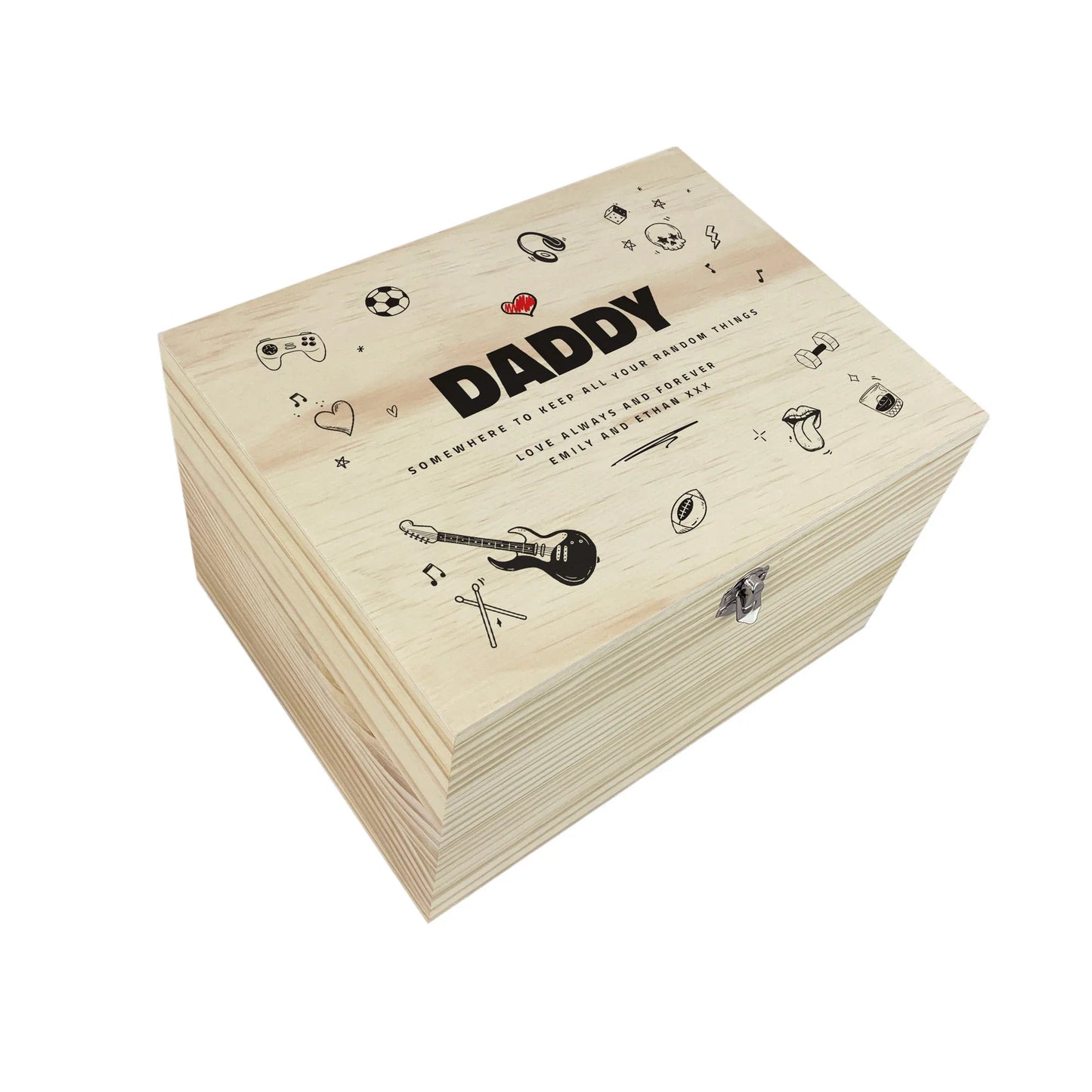 Personalised Fathers Day Doodle Sketch Design Pine Memory Box - 5 Sizes