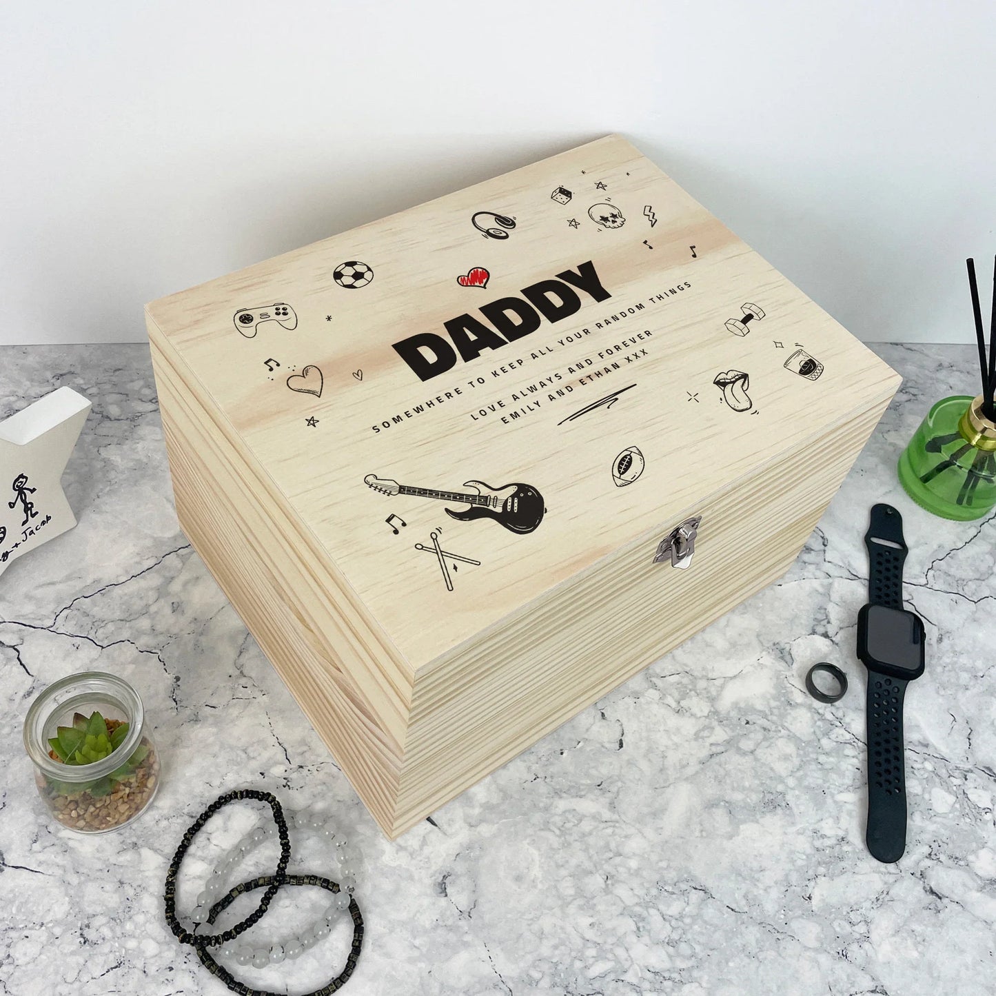 Personalised Fathers Day Doodle Sketch Design Pine Memory Box - 5 Sizes