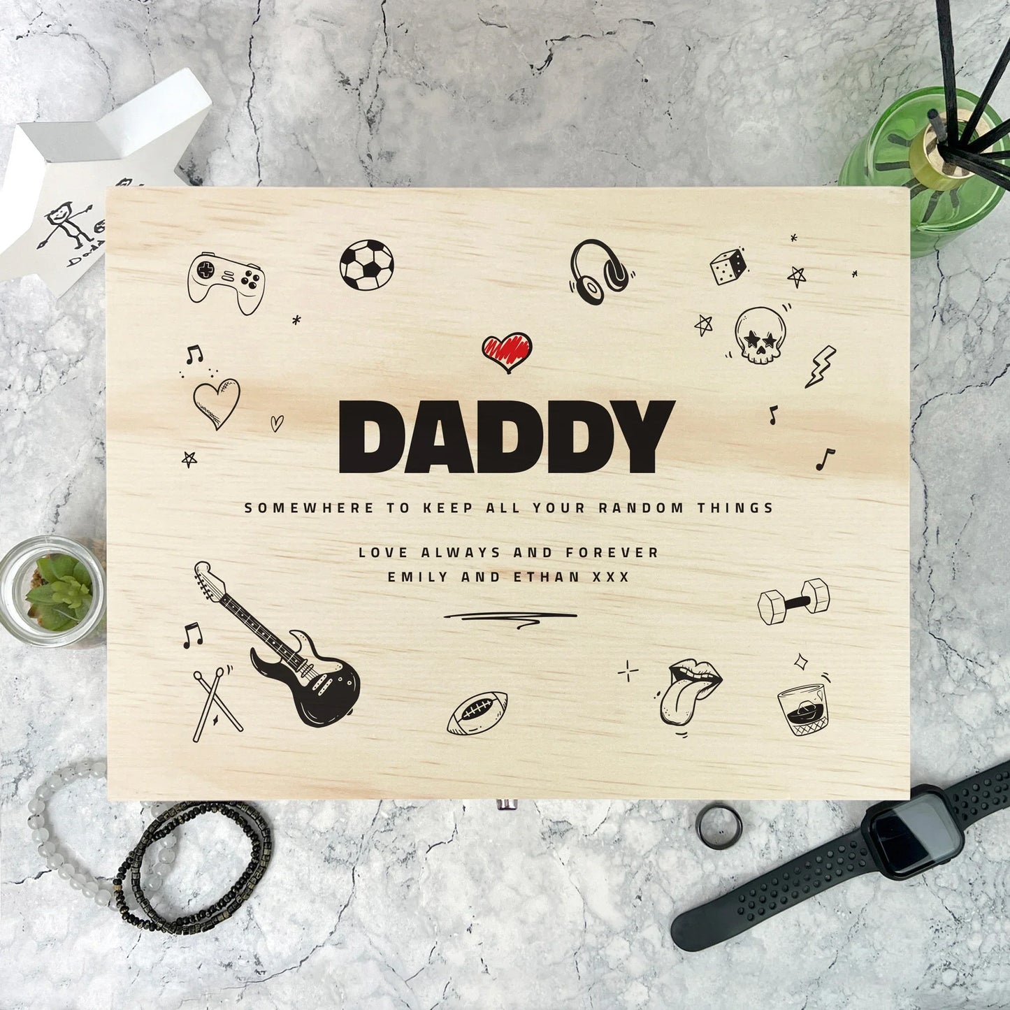 Personalised Fathers Day Doodle Sketch Design Pine Memory Box - 5 Sizes