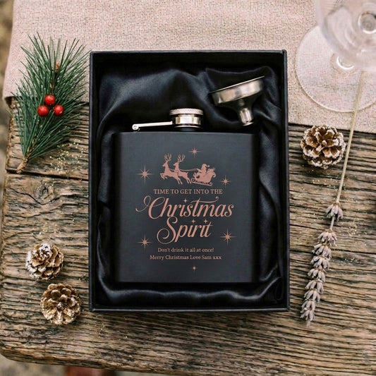 Personalised Christmas Spirit Engraved Black Metal Hip Flask 6oz