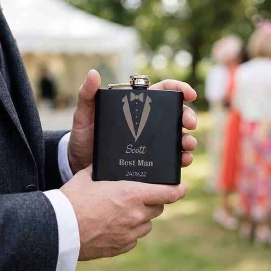 Personalised Engraved Wedding Tuxedo Special Occasion Hip Flask 6oz