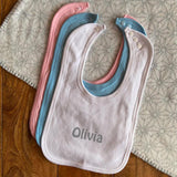 Personalised Embroidered Baby Bib White Pink or Blue Bib Always Personal 