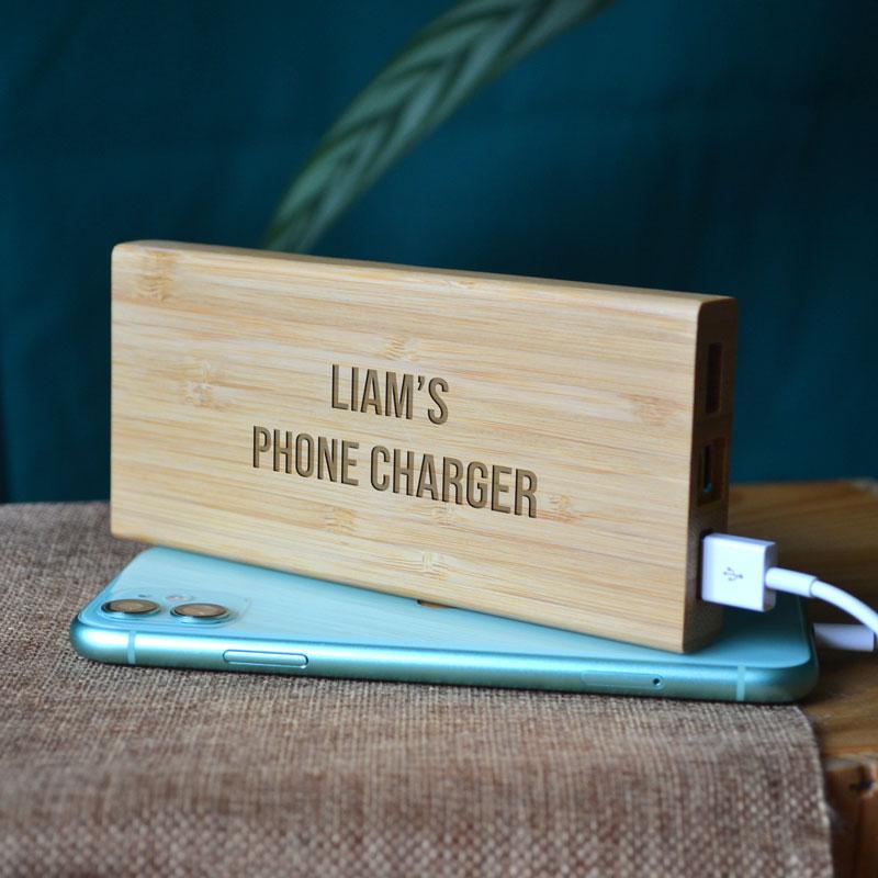 Personalised Bamboo Powerbank Wireless Charger for Smartphone Engraved Powerbank Always Personal 
