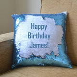 Personalised blue sequin pillow with birthday message