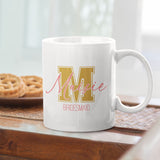 personalised bridesmaid mug with gold and pink monogram
