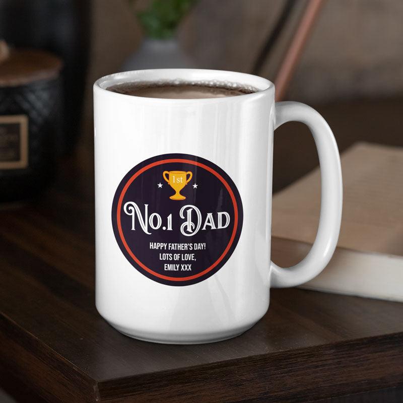 A personalised Father's Day mug in an extra large size. The mug is made from white ceramic and has a black and red design printed on it featuring the words 