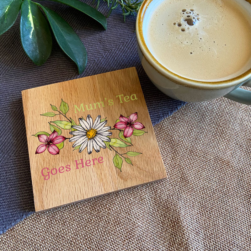 Personalised Flower Pattern Oak Coaster With Name Full Colour Print