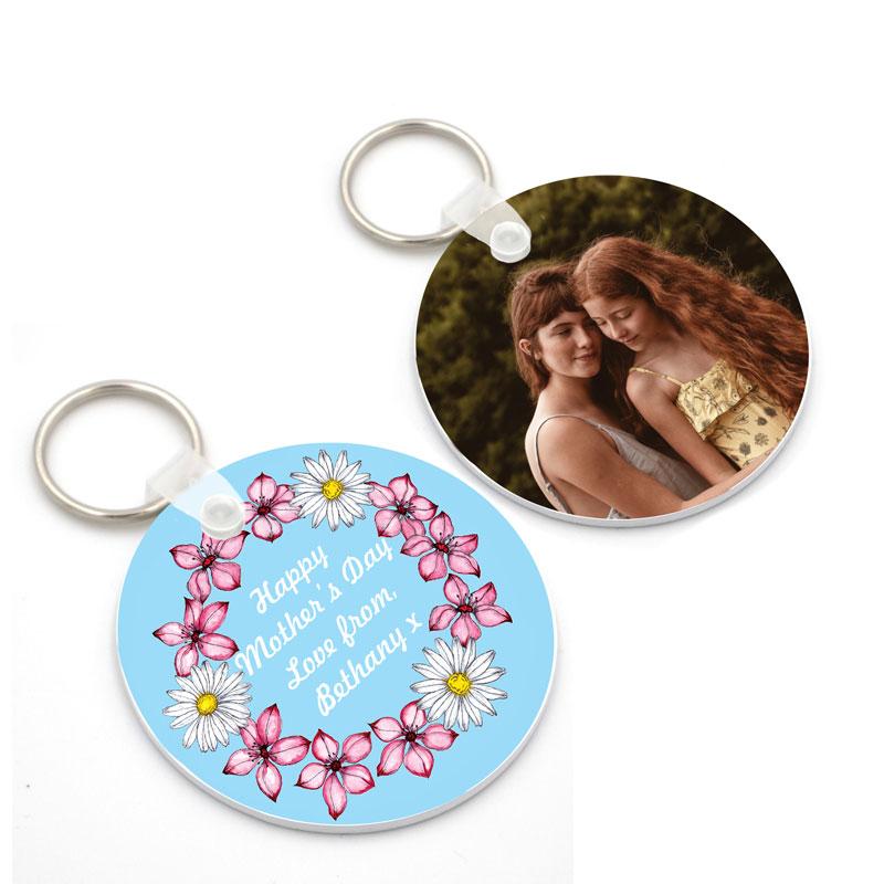 Personalised Double Sided Plastic Keyring with Flowers and Photo Keyrings Always Personal 