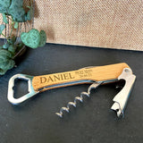 A personalised bamboo best man corkscrew made from bamboo and stainless steel.