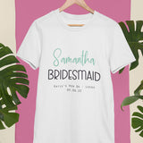 A personalised hen do t-shirt with the name "Samantha" printed in mint green above the word "Bridesmaid" in black.