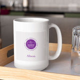 A personalised large jubilee mug in white with the official emblem for the Queen's Platinum Jubilee 2022 printed on the front in grey.
