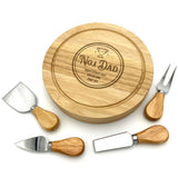 A personalised no.1 dad cheese board made from solid wood with 4 matching cheese knives.
