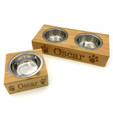Personalised dog and cat bowls with custom engraved bamboo plinth