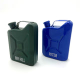 Two personalised petrol can hip flasks, one in  dark green and one in royal blue.