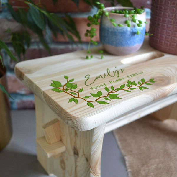 Personalised Plant Stand Rectangle Wooden Stool Leaf Print House Plant Bench