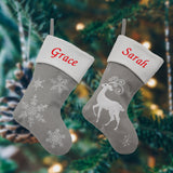 Personalised Embroidered Luxury Silver Snowflake and Reindeer Stockings