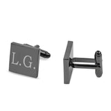 Personalised black square cufflinks with engraved initials. 