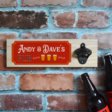 A personalised pub sign in red with a wall mounted bottle opener attached. The sign is made from wood.